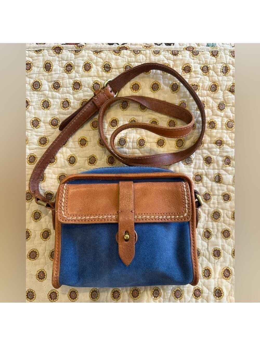 Madewell 1937 Accessories Blue Suede Camden Crossbody with Cognac Leather Trim